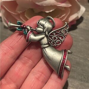 Vintage JJ Jonette Pewter Angel with Christmas Horn